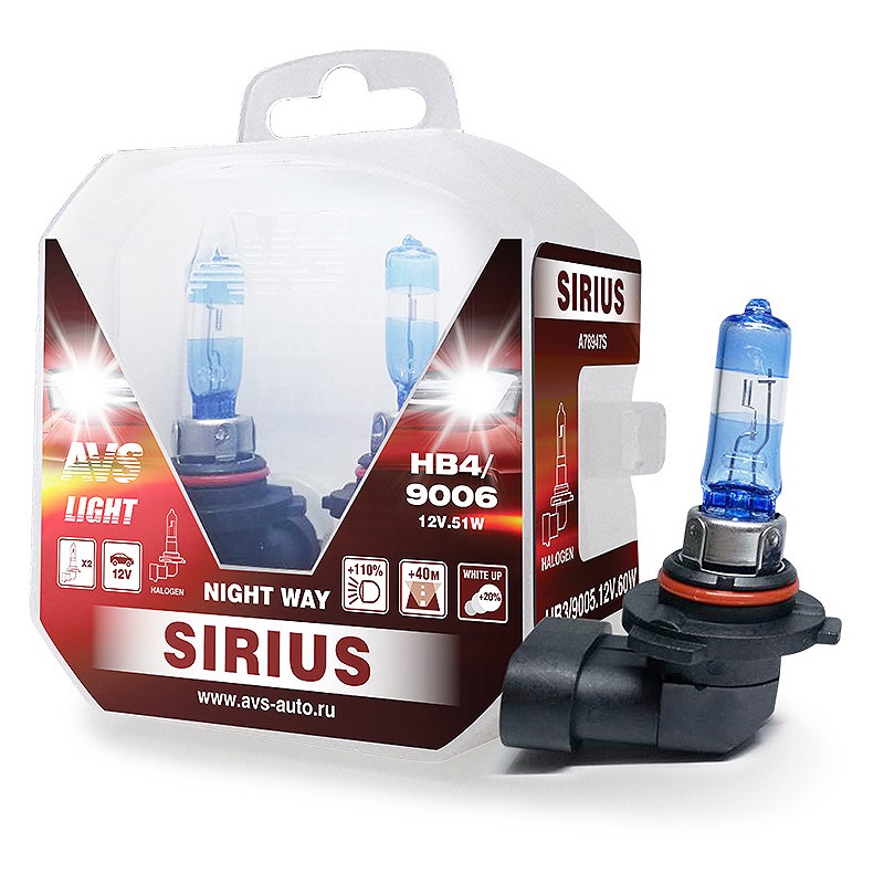 Лампа 12V AVS SIRIUS Night Way HB4/9006 55W +110% (Eurobox,2шт.)