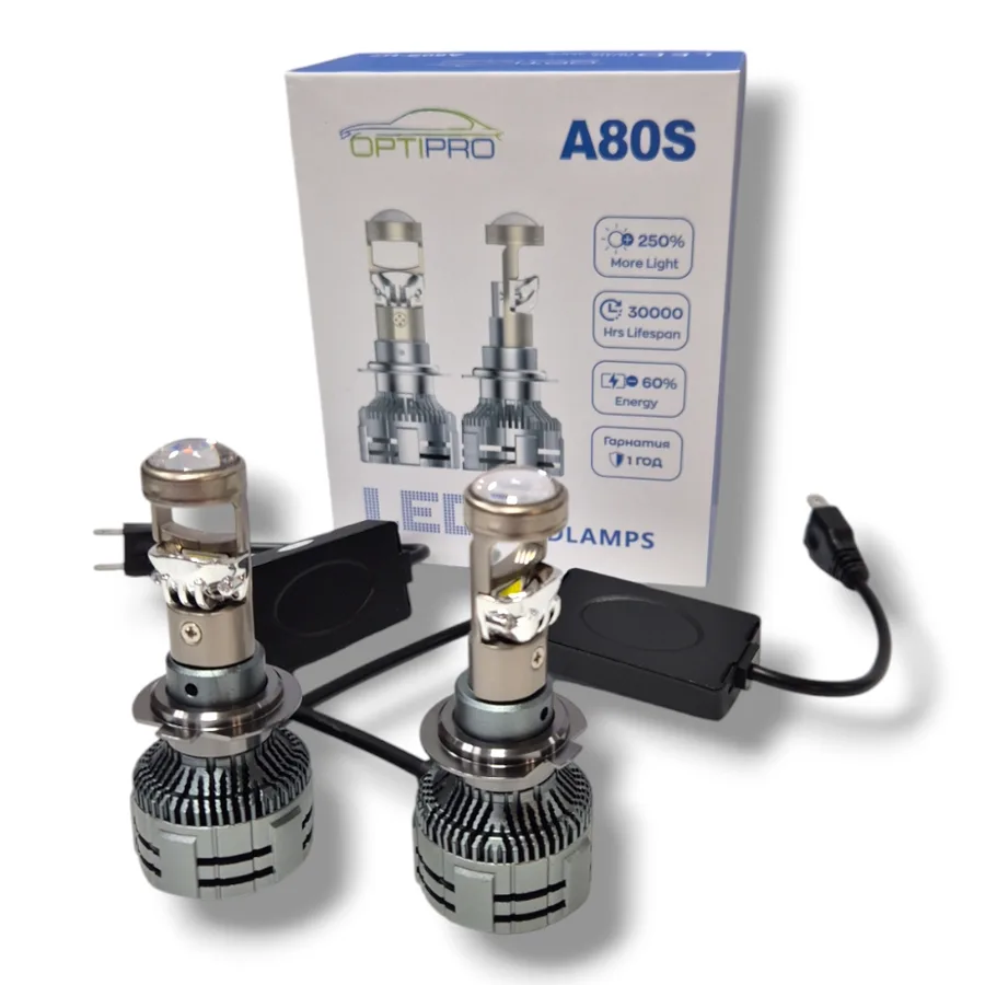 Лампа диодная A80S 12V H7 80W 5000K (мини линза) к-т 2шт