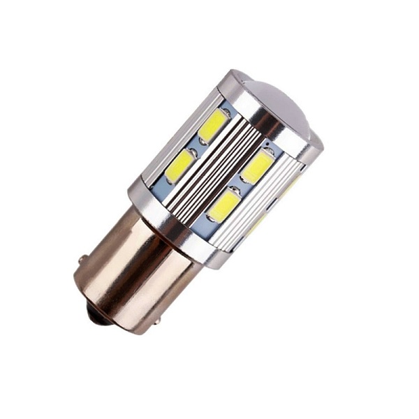 яЛампа диодная 12V 21/4W 12SMD+3 Линза (2х конт. со смещ.)