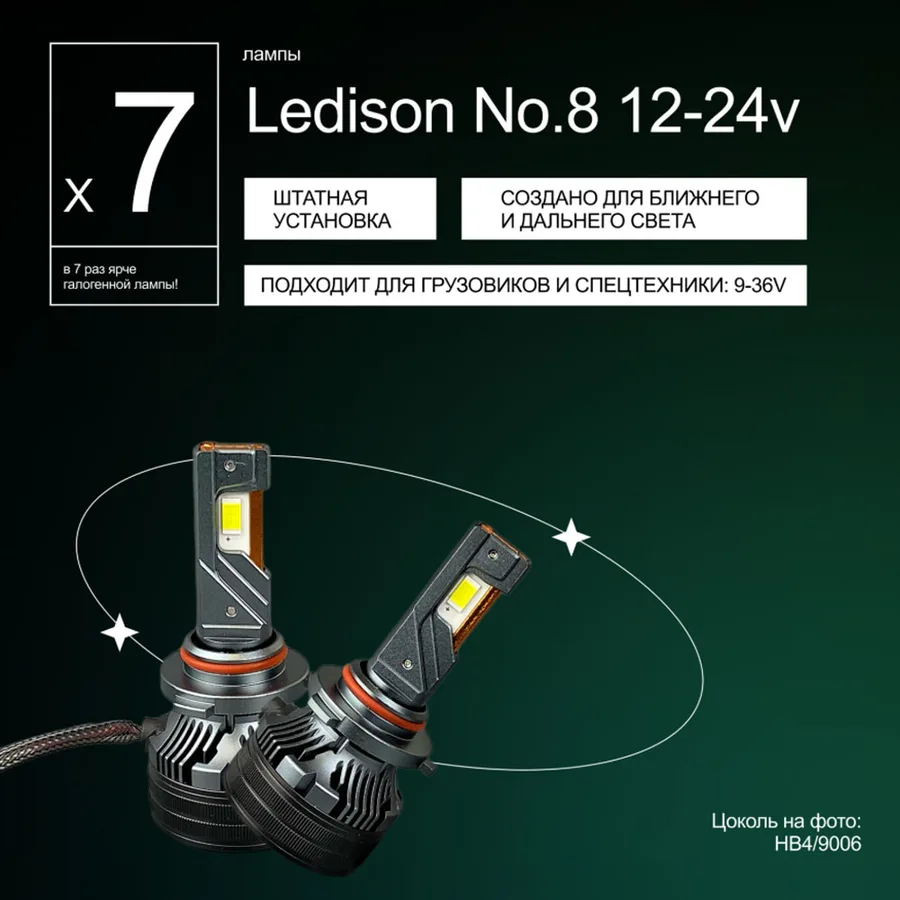 Светодиодные LED лампы Ledison №8 9-36V HB4 3570CSP, 14000Lm, 5000K к-т 2шт