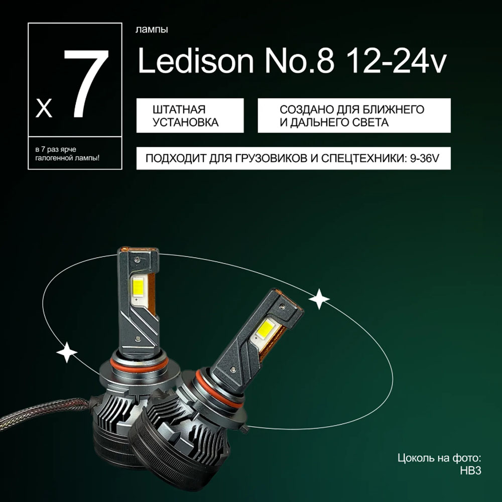 Светодиодные LED лампы Ledison №8 9-36V HB3 3570CSP, 14000Lm, 5000K к-т 2шт