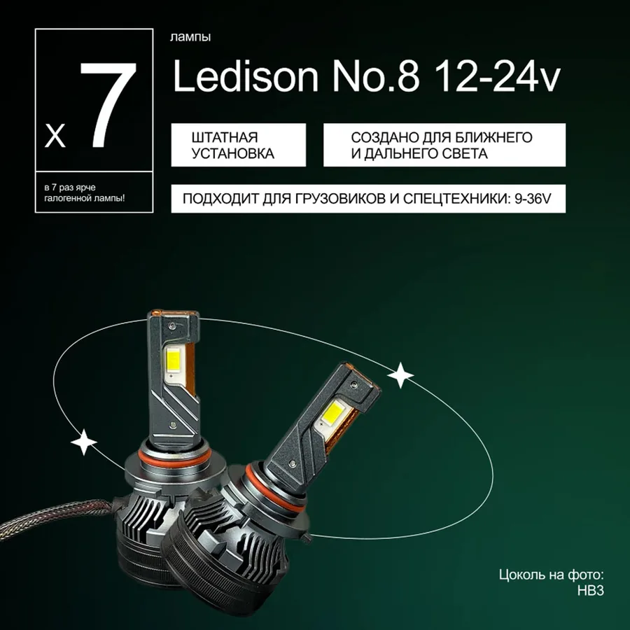 Светодиодные LED лампы Ledison №8 9-36V HB3 3570CSP, 14000Lm, 5000K к-т 2шт