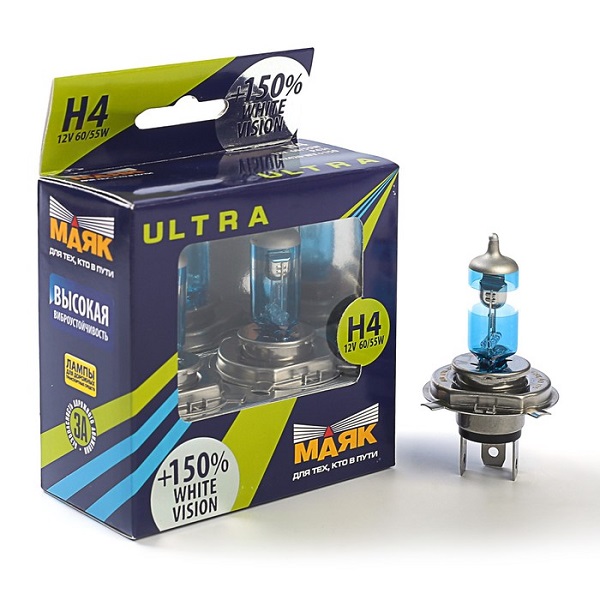 Лампа МАЯК ULTRA H4 12V 60/55W P43t White Vision+150%