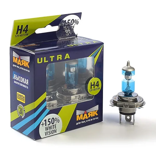 Лампа МАЯК ULTRA H4 12V 60/55W P43t White Vision+150%