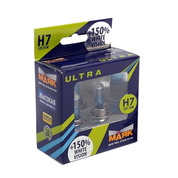 Лампа МАЯК ULTRA H7 12V 55W Px26d White Vision+150%