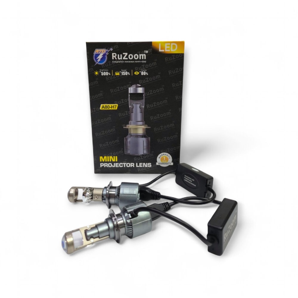Лампа диодная 12V RuZoom A80-H7 LED мини линза 5000K К-т