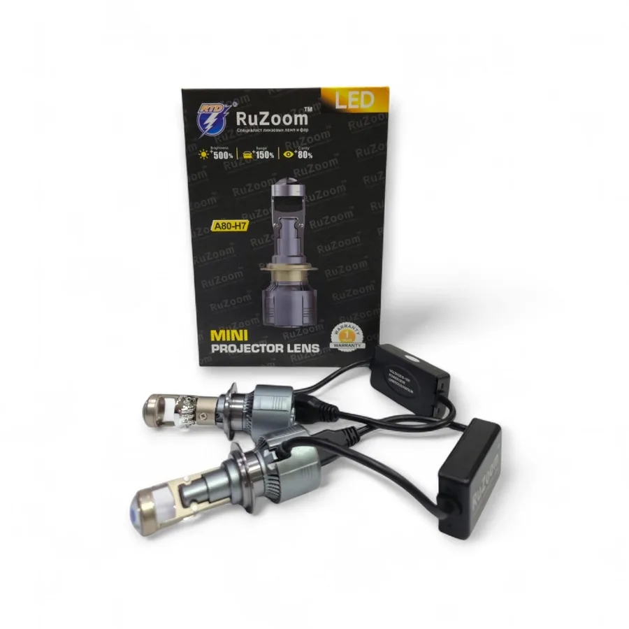 Лампа диодная 12V RuZoom A80-H7 LED мини линза 5000K К-т