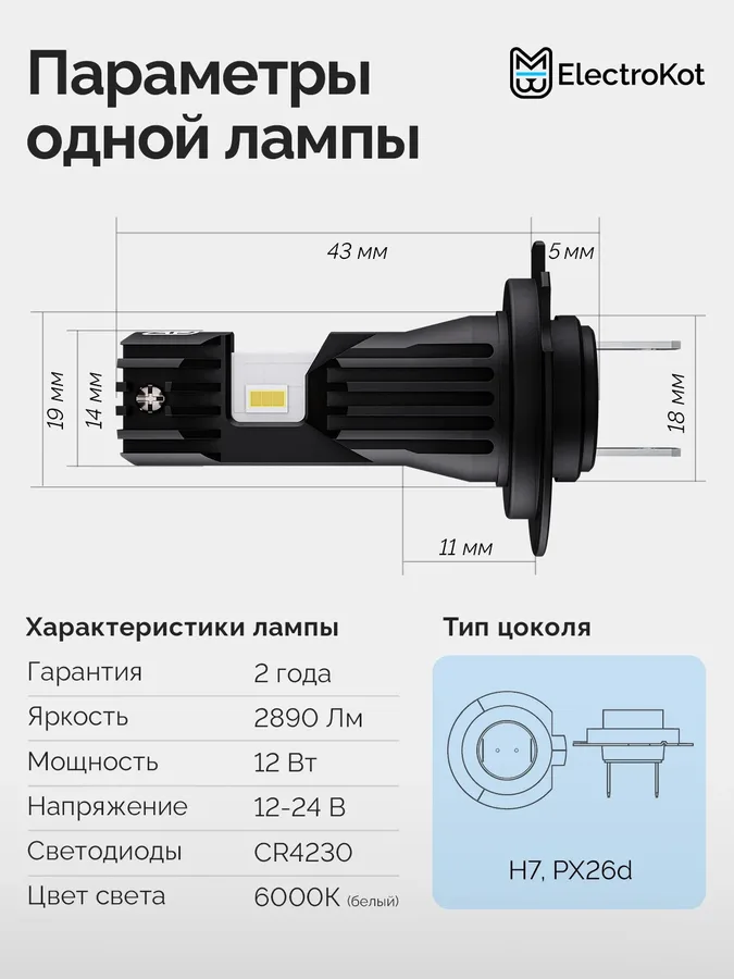 Светодиодные LED лампы ЭлектроКот Атомик PRO gen 2 12-24V H7 6000K к-т 2шт