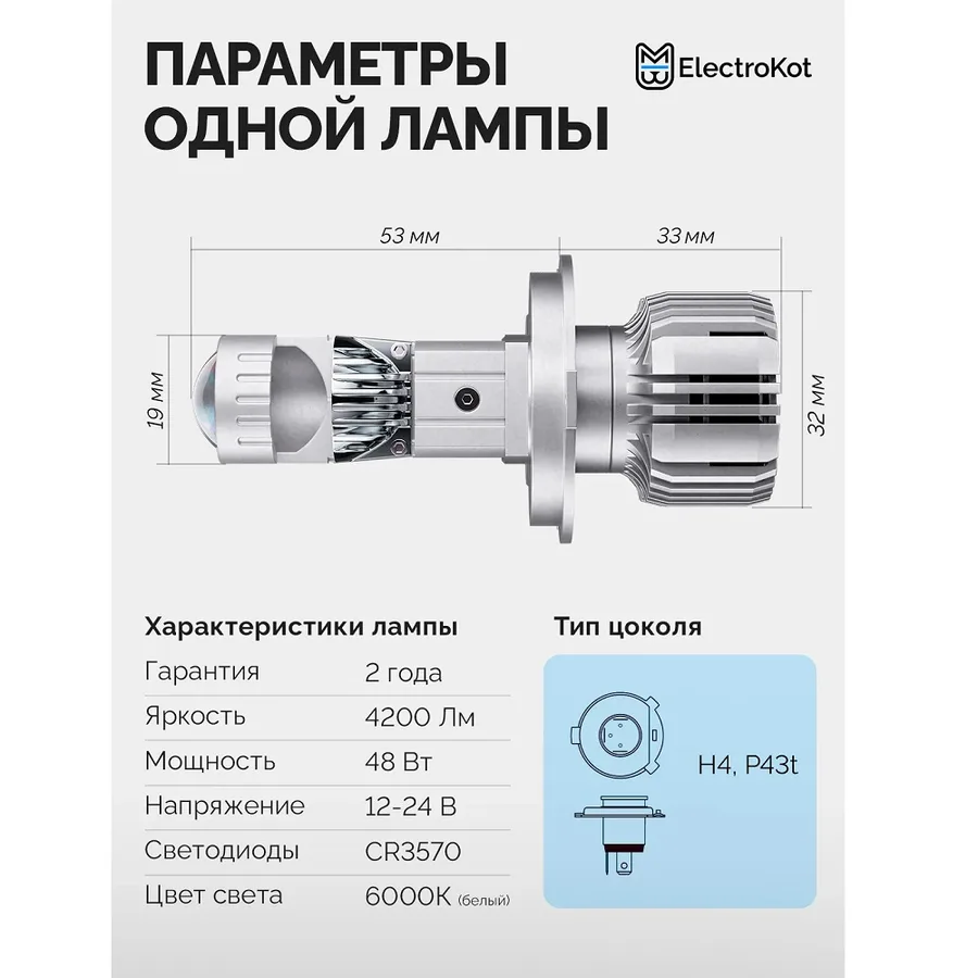 LED мини линзы ElectroKot E30 12-24V H4 6000K к-т 2шт