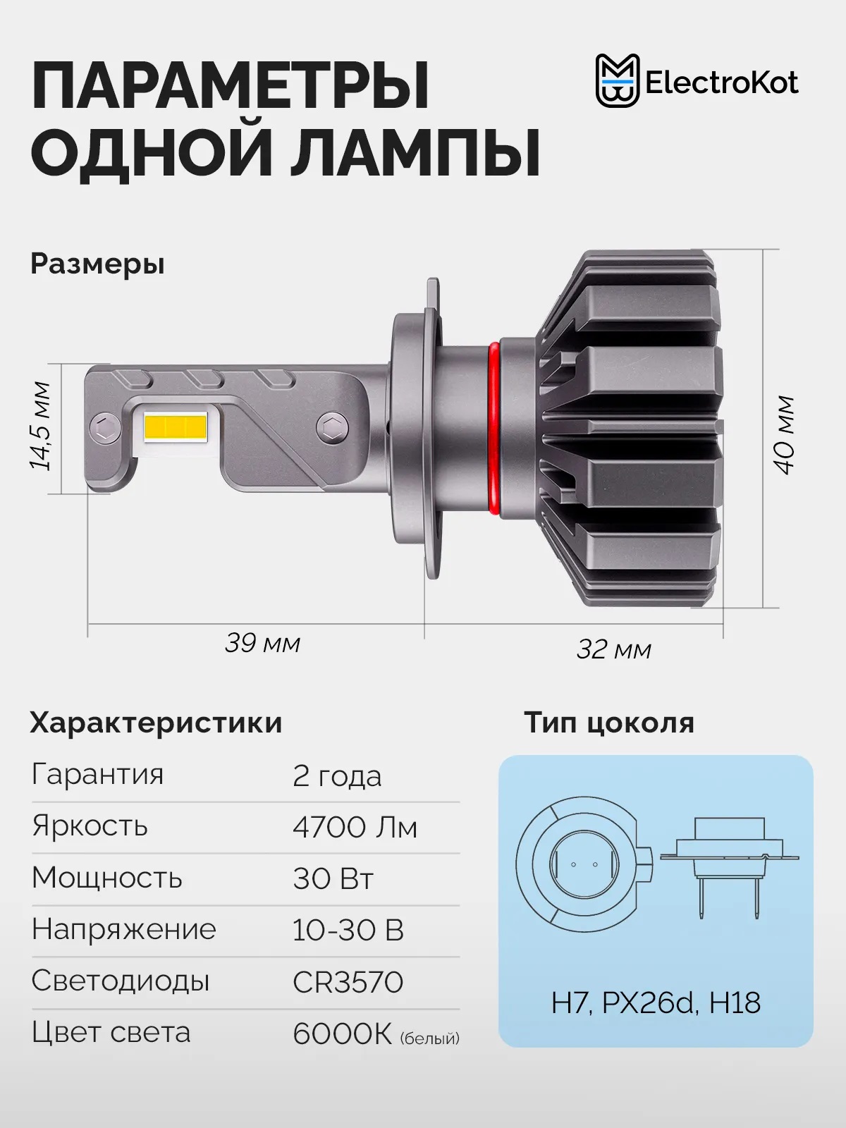 Светодиодные LED лампы ElectroKot Ниндзя gen2 10-30V H7 6000K к-т 2шт