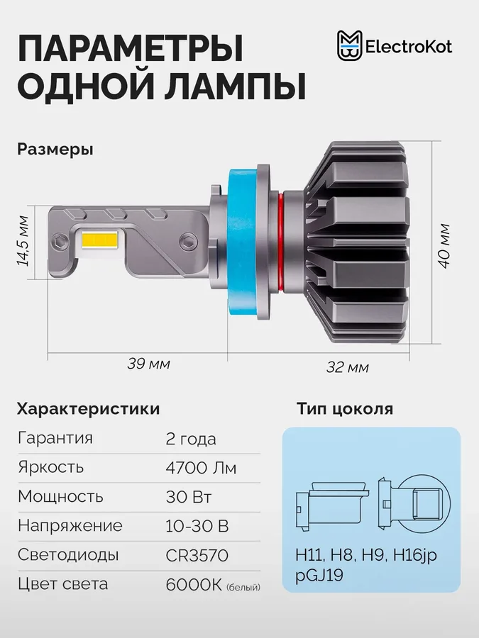 Светодиодные LED лампы ElectroKot Ниндзя gen2 10-30V H11 6000K к-т 2шт