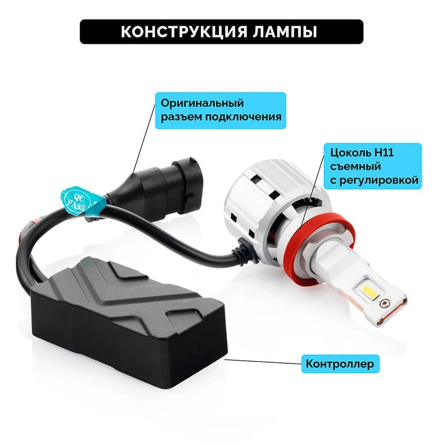 Светодиодные LED лампы ElectroKot UltraLED 12-24V H11 6000K, 12000Lm к-т 2шт