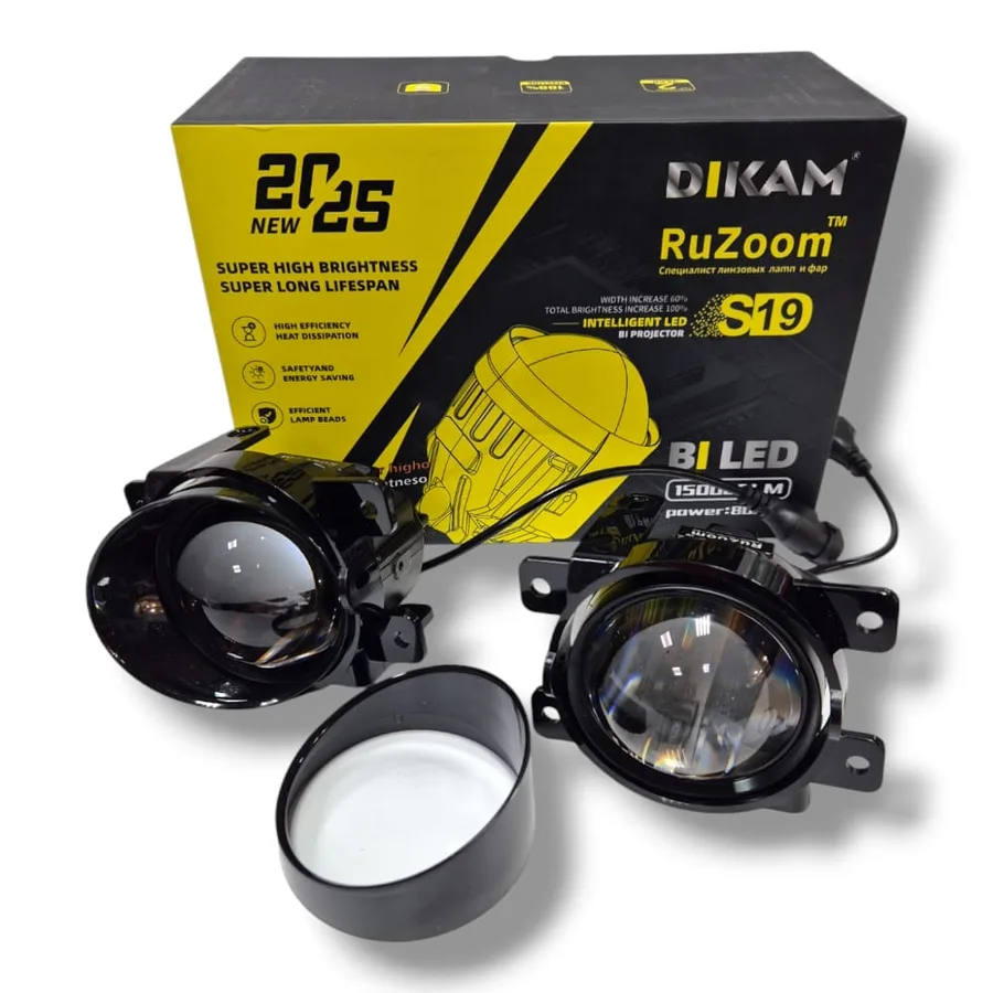 Фара противотуманная диодная линза RuZoom S19 VESTA /GRANTA FL + козырек  LED линз.  к-т-2шт.
