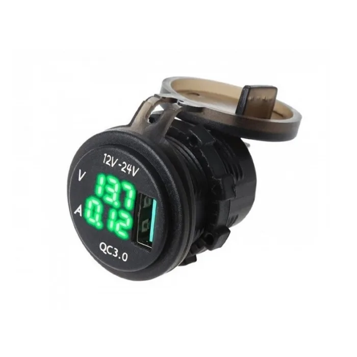 АЗУ врезное ун-ое 1USB 12V-24V QC-3.0 + вольтметр / амперметр 3812