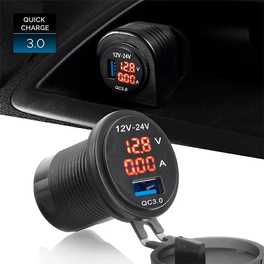 АЗУ врезное ун-ое 1USB 12V-24V QC-3.0 + вольтметр / амперметр 3812