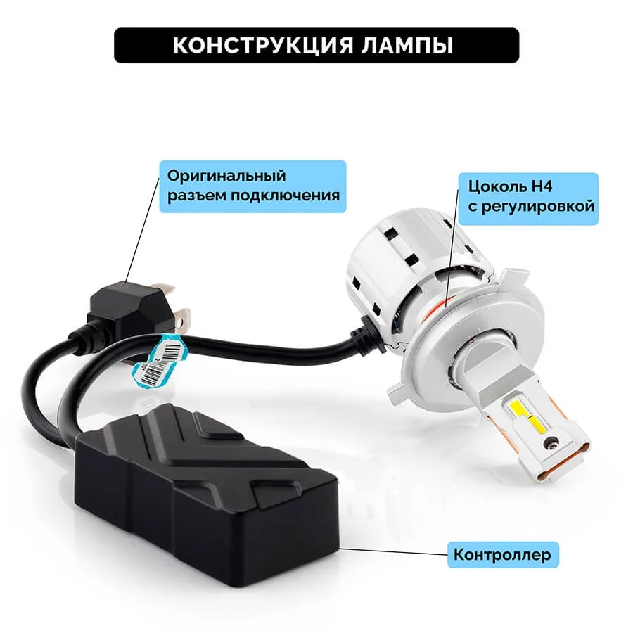 Светодиодные LED лампы ElectroKot UltraLED 12-24V H4 6000K, 12000Lm к-т 2шт