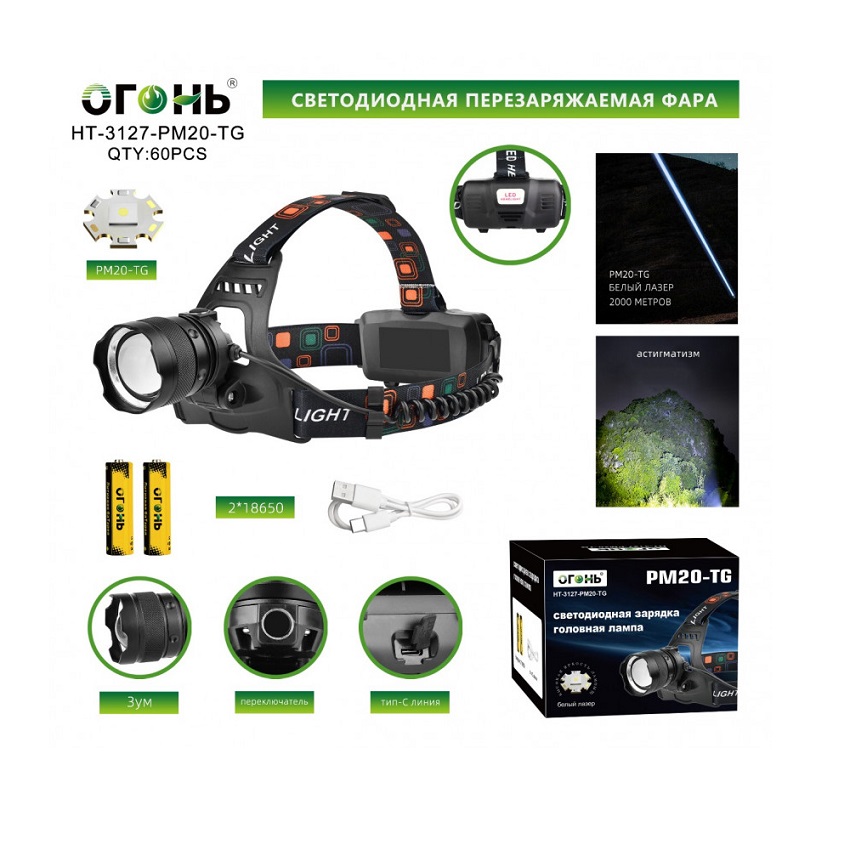 Фонарик налобный HT-3127 PT20-TG (Type-C)