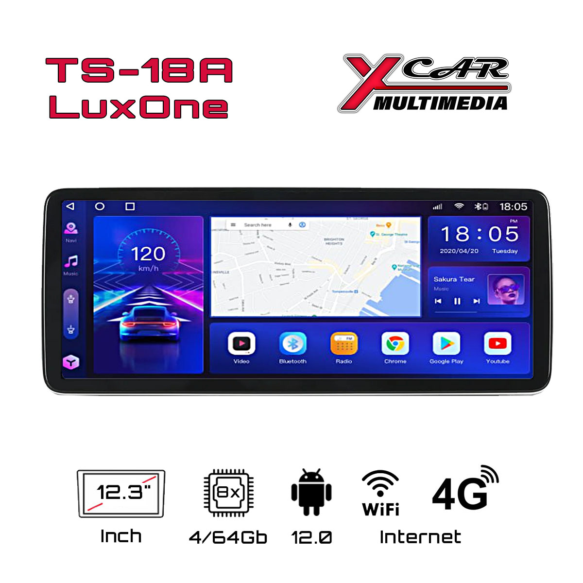 Автомагнитола XCar TS18A LuxOne (ANDROID 12) 12.3", 8-ядер. 4GB-ОЗУ, 64GB, 4G