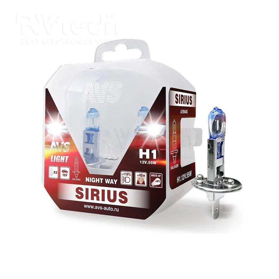 Лампа 12V AVS SIRIUS Night Way H1 55W +110% (Eurobox,2шт.)