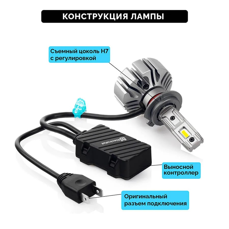 Светодиодные LED лампы ElectroKot Ninja 12V H7 6000K без вентилятора к-т 2шт
