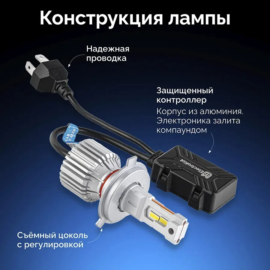 Светодиодные LED лампы ElectroKot Ninja 12V H4 6000K без вентилятора к-т 2шт