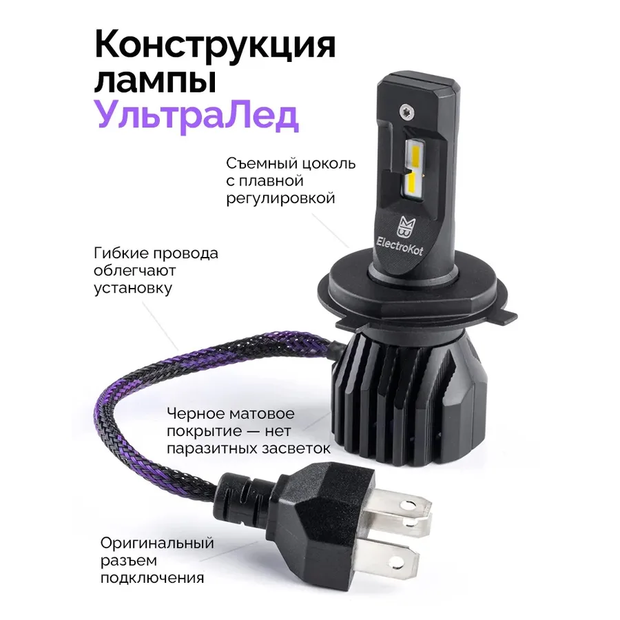Лампа диодная ElectroKot УльтраЛед gen2 12-24V H4 бел. 6000K кт.- 2шт.