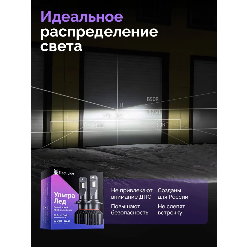 Лампа диодная ElectroKot УльтраЛед gen2 12-24V H4 бел. 6000K кт.- 2шт.