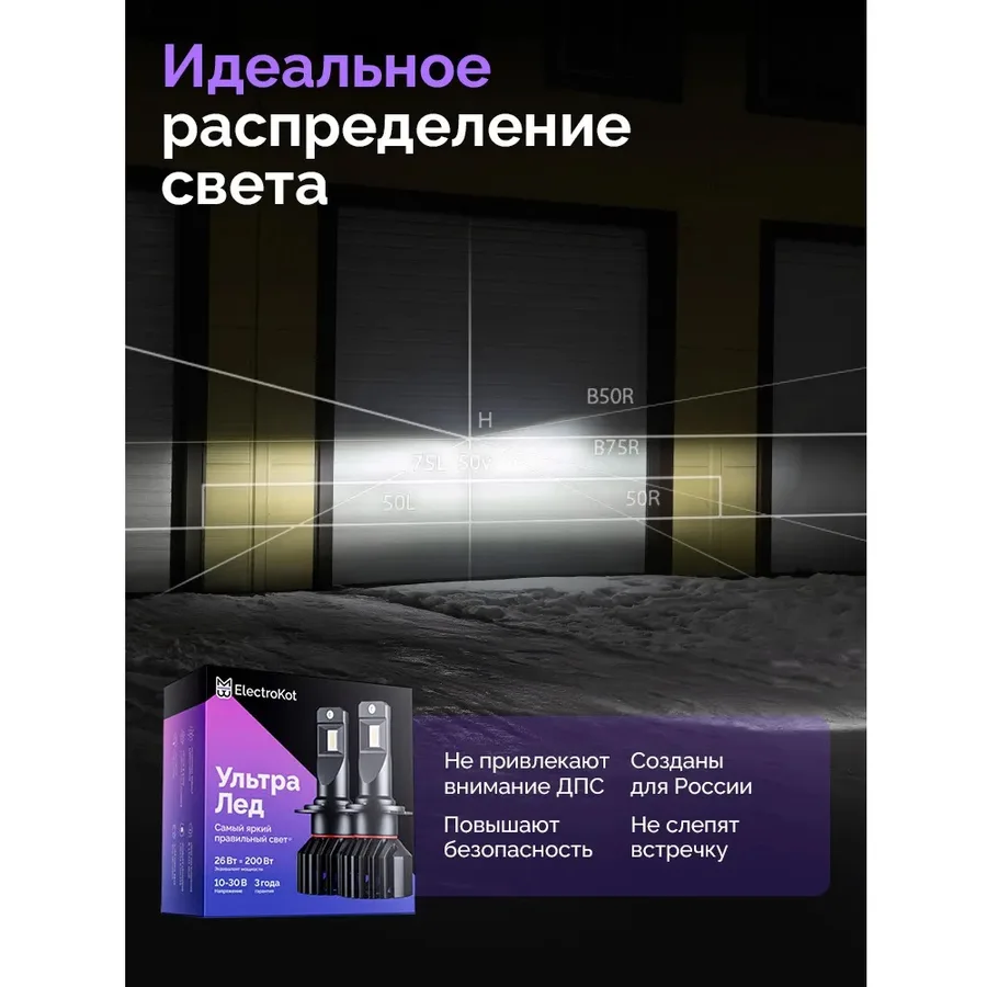 Лампа диодная ElectroKot УльтраЛед gen2 12-24V H4 бел. 6000K кт.- 2шт.