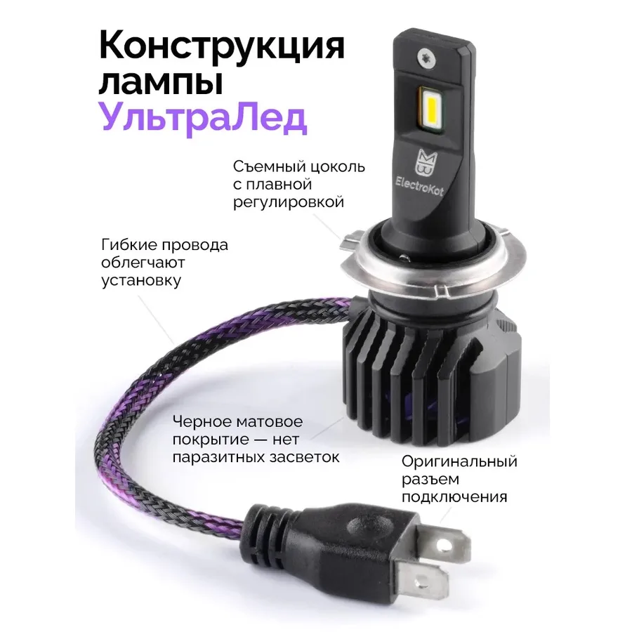 Лампа диодная ElectroKot УльтраЛед gen2 12-24V H7 бел. 6000K кт.- 2шт.