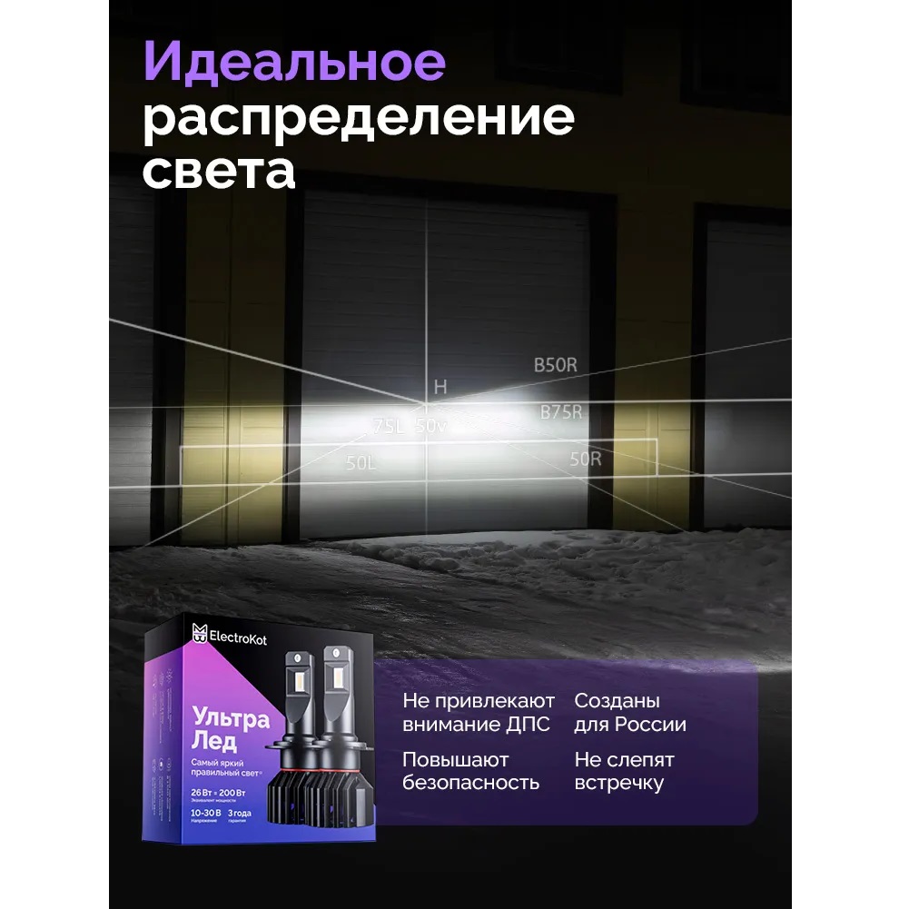 Лампа диодная ElectroKot УльтраЛед gen2 12-24V H7 бел. 6000K кт.- 2шт.