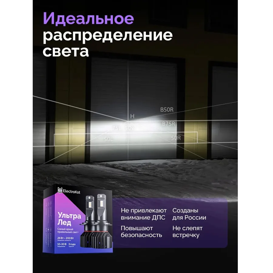 Лампа диодная ElectroKot УльтраЛед gen2 12-24V H7 бел. 6000K кт.- 2шт.