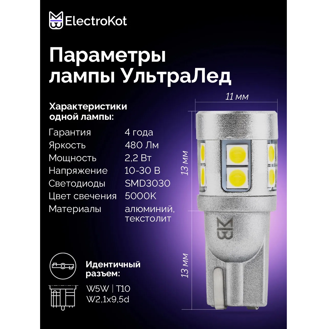 Лампа диодная ElectroKot УльтраЛед 12-24V W5W б/ц бел. 5000K кт. - 2шт.