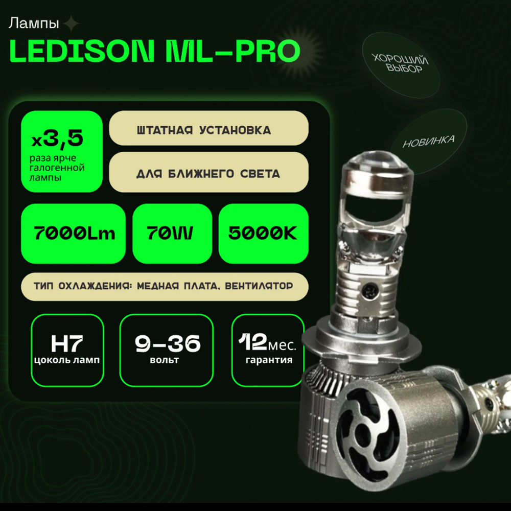Светодиодные LED лампы Ledison ML-Pro H7 12-24V, 4575CSP, 8000Lm, 5000K к-т 2шт (Линза)