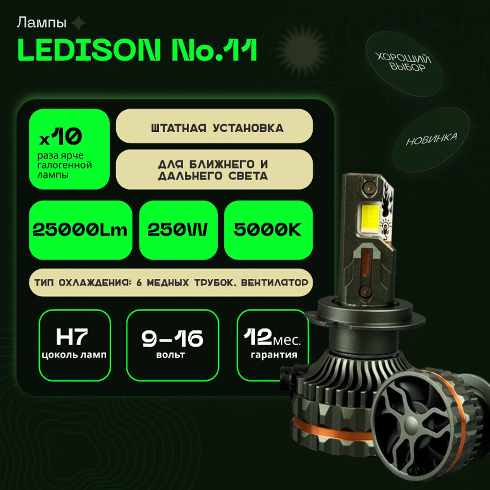 Светодиодные LED лампы Ledison №11 12V H7  25000Lm, 5000К к-т 2шт