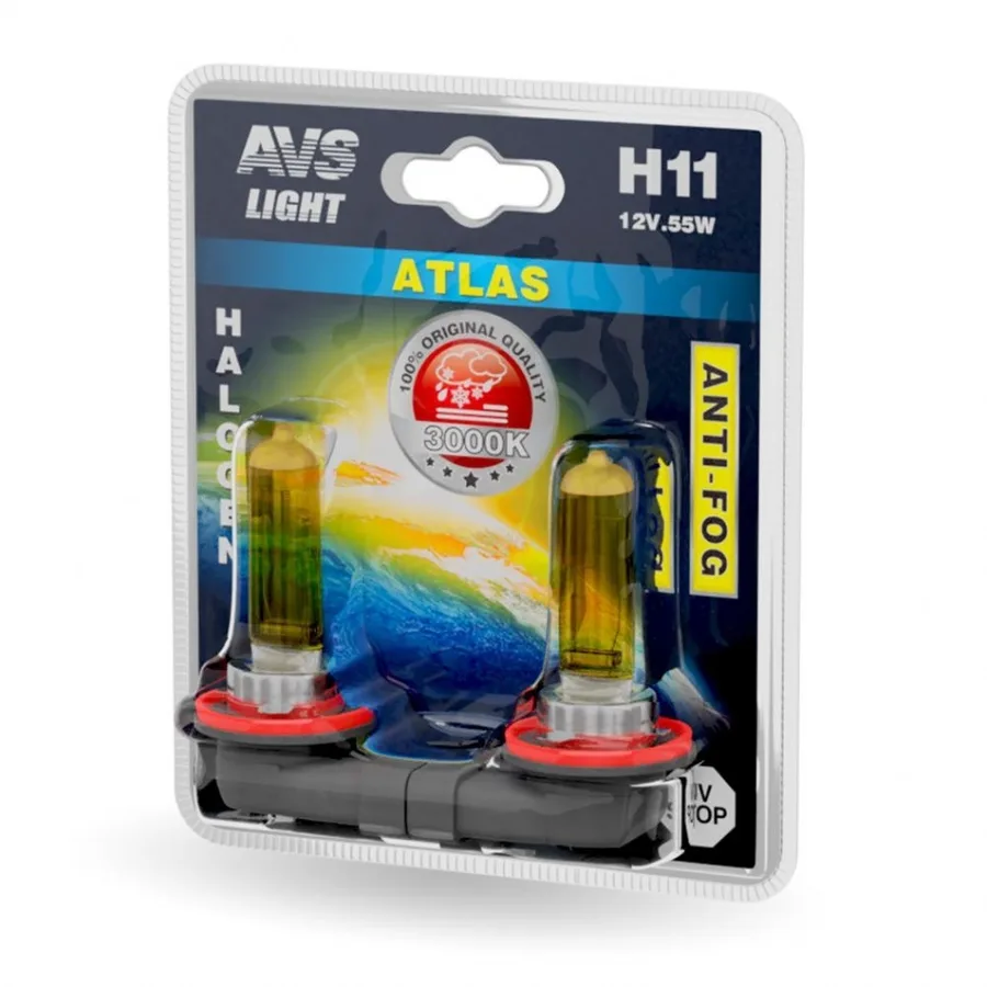 Лампа 12V AVS ATLAS H11 55W Желтый (Блистер 2шт.)