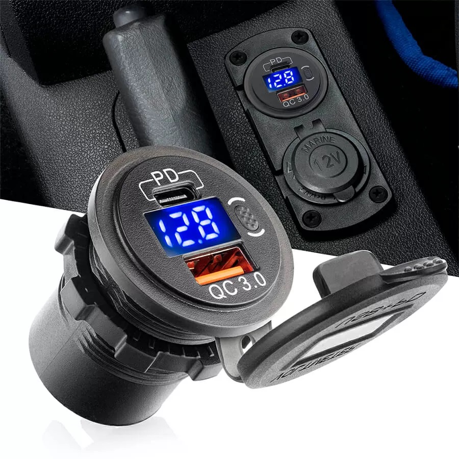 АЗУ врезное ун-ое 1USB+1TypeC 12V-24V QC-3.0 + вольтметр 6014