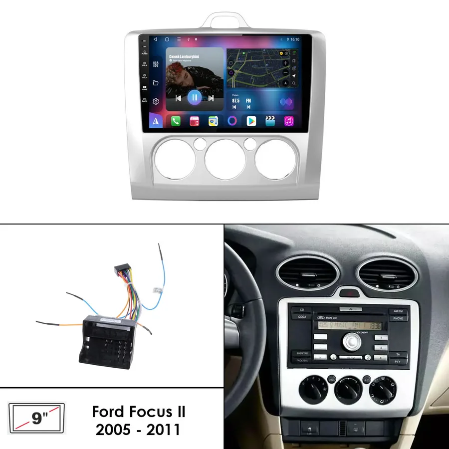 Установочный к-т для штатной а/м 9" Ford Focus II вид A 2004 - 2011 (под кондиционер) + проводка