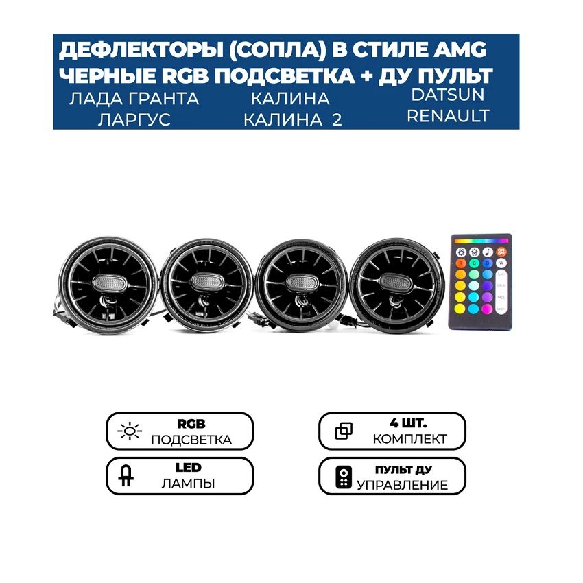 Дефлектор воздуховода в стиле AMG (к-т 4шт +пульт Д.У. 8-цветов) управ. через приложение
