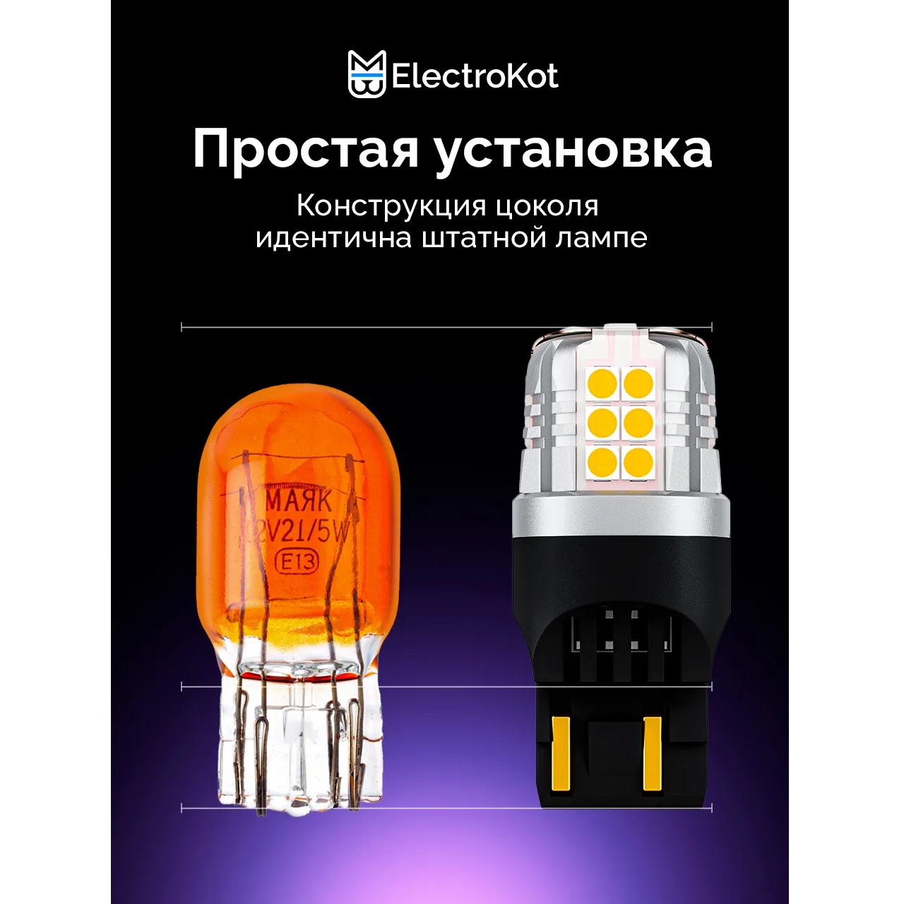 Лампа диодная ElectroKot УльтраЛед 12V W21/5W б/ц 7443 оранжевый кт. 2шт