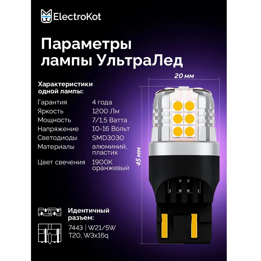 Лампа диодная ElectroKot УльтраЛед 12V W21/5W б/ц 7443 оранжевый кт. 2шт