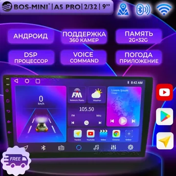 Автомагнитола BOS-MINI A5 Pro (ANDROID 12) 9", 8-ядер., 2GB-ОЗУ, 32GB