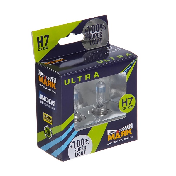 Лампа МАЯК ULTRA H7 12V 55W Px26d SUPER LIGHT +100%
